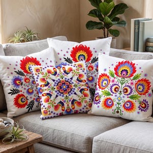 Polish Folk Art Pillow Cover, Wycinanki Flower Cushion, Colorful Ethnic Case image 9