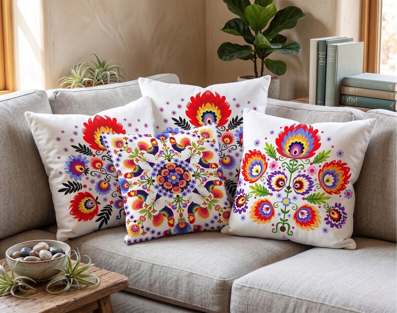 Polish Folk Art Pillow Cover, Wycinanki Flower Cushion, Colorful Ethnic Case image 9