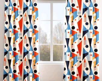 Geometric Abstract Cotton Blend Curtain, Mid Century Modern Drape