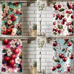 Cherry Blossoms Dish Towels, Floral & Fruit Kitchen Towel, Colorful Botanical Vintage-Inspired Cherry Kitchen Deco, Spring Summer Gift Ideas