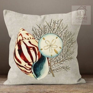 Oyster Throw Pillow Case, Coral Pillow Cover, Starfish Outdoor Cushion, Beach House Pillow Sham, Sea Shell Cushion Cover 18x18, 20x20, 24x24 image 2