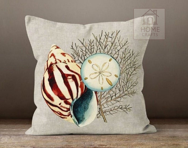 Oyster Throw Pillow Case, Coral Pillow Cover, Starfish Outdoor Cushion, Beach House Pillow Sham, Sea Shell Cushion Cover 18x18, 20x20, 24x24 image 2