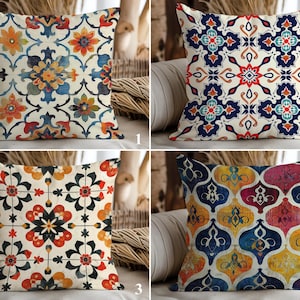 Mediterranean Pillow Cover, Moroccan Pillowcase, Tile Pattern Pillow Top, Boho Colorful Ethnic Azulejo Cushion Case, Bohemian Home Decor