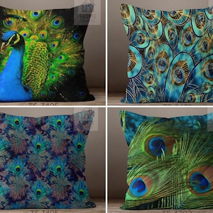 Peacock Throw Pillow Cover, Peacock Feather Cushion Case, Feather Couch Pillows, Peacock Feather Pillow, Decorative Feather Throw Pillows