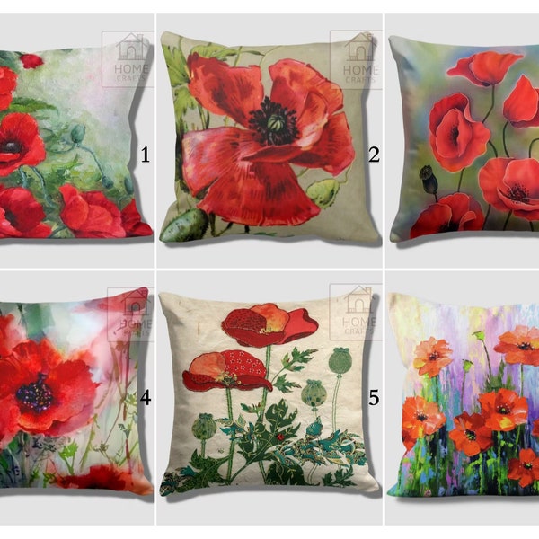 Poppies Pillow Case, Red Floral Throw Pillow, Patio Decoration, Decorative Pillows, Floral Outdoor Pillow Case, Floral Home Decor