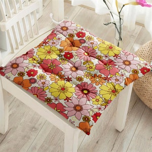 Chic Flower Puffy Cushions, Pink Yellow Fluffy Seat Cushion, Outdoor Chair Pad, Lux Square Cushion, Trendy Kitchen Cushion, Farmhouse Decor