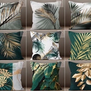 Housse de coussin feuilles vert jaune, coussin émeraude, dessus de coussin vert et gris, coussin plante tropicale, coussin décoratif pour canapé, cadeau pour la maison