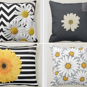 Daisy Pattern Pillow Cover, Black&White Striped Cushion Cover, Sunflower Design Pillow Topper, Floral Accent Couch Pillow Sham, Home Decor