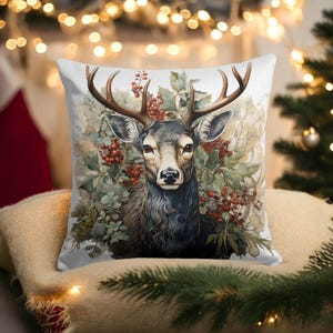 Reindeer Cushion Covers, Holly Berries Pillowcase, Deer Cushion Case, Christmas Ornament Pillow Slipcover, Stag Design Pillow Top, Noel Deco