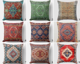 Rug Design Pillow Covers, Ethnic Print Cushion Case, Turkish Rug Pillowcase, Kilim Pattern Pillow, Old Style Rug Design Cushion Covers