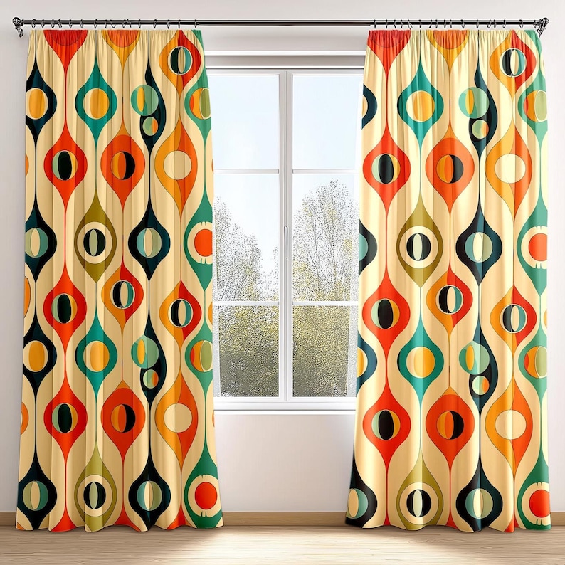 Mid Century Modern Retro Curtains - Colorful Geometric Abstract Drapes - Vintage Style Window Valance image 1