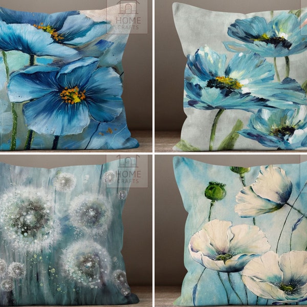 Poppy Floral Accent Pillow Cover, Dandelion Flower Pillowcase, Flower Trend Pillow Sham, Blue Flower Pillow Top, Floral Outdoor Cushion Case
