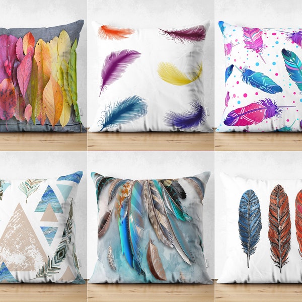 Colorful Feather Pillowcase, Gift Ideas, Bright Color Feather Throw Pillow, Tropical Leaves Outdoor Pillow, Multicolored Cushion, Home Decor