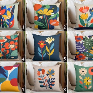 Simple Illustrated Floral Cushion Cover, Retro Inspired Flower Pillow Cover, Multicolored Abstract Pillow Sham, Boho Living Room Pillow Top