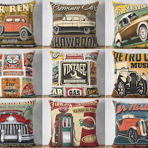 Retro Car Cushion Case, Retro Car Pillow Case, Classic Cars Pillow, Vintage Car Pillow, Car Service Pillowcase, Old Automobile Pillow Cover