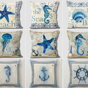Funda de almohada con estampado náutico, funda de almohada decorativa con motivos marinos, almohada con motivos oceánicos, cojín azul marino, decoración de casa de playa