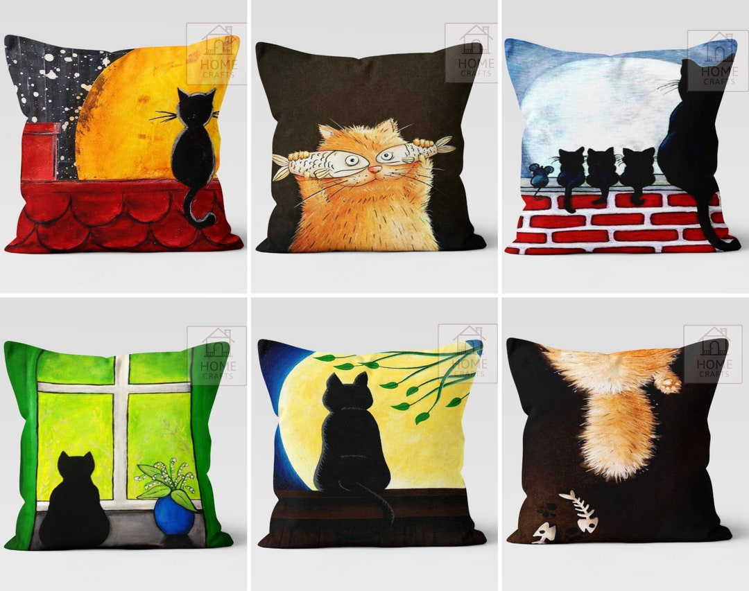 Cat Pattern Pillow Cover, Cute Cat Cushion Cover, Black Yellow Cat