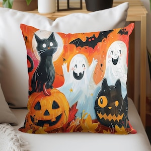 Halloween Theme Pillow Covers, Orange Halloween Cushion Cover, Decorative Pillowcase, Halloween Cat Throw Pillow, Farmhouse Style