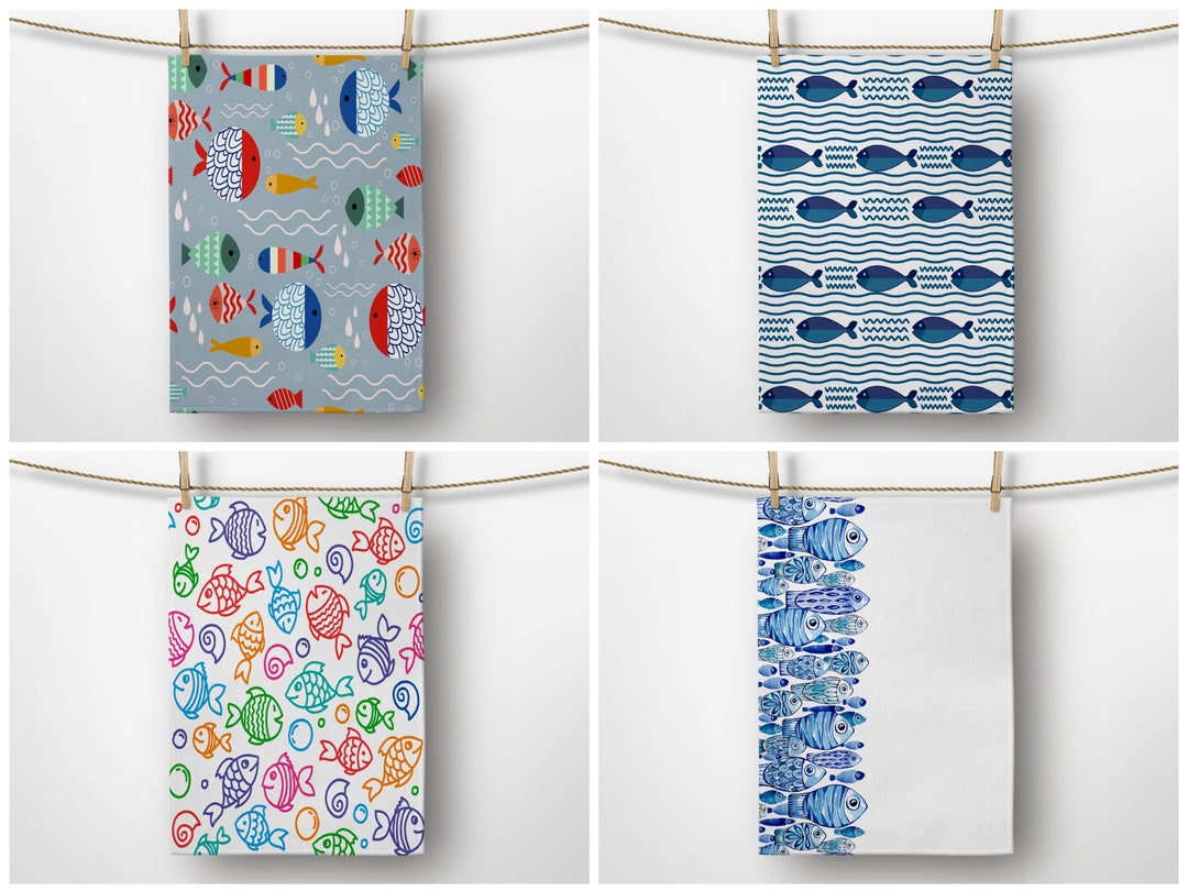 Fish Tea Towel set of 2, Fish Kitchen Towel, Fish Hand Towel, Seafood