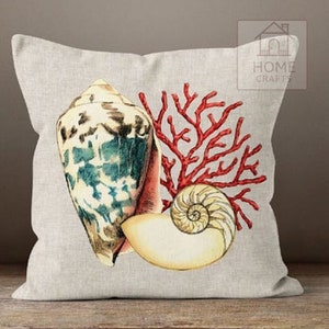 Oyster Throw Pillow Case, Coral Pillow Cover, Starfish Outdoor Cushion, Beach House Pillow Sham, Sea Shell Cushion Cover 18x18, 20x20, 24x24 Pattern #2