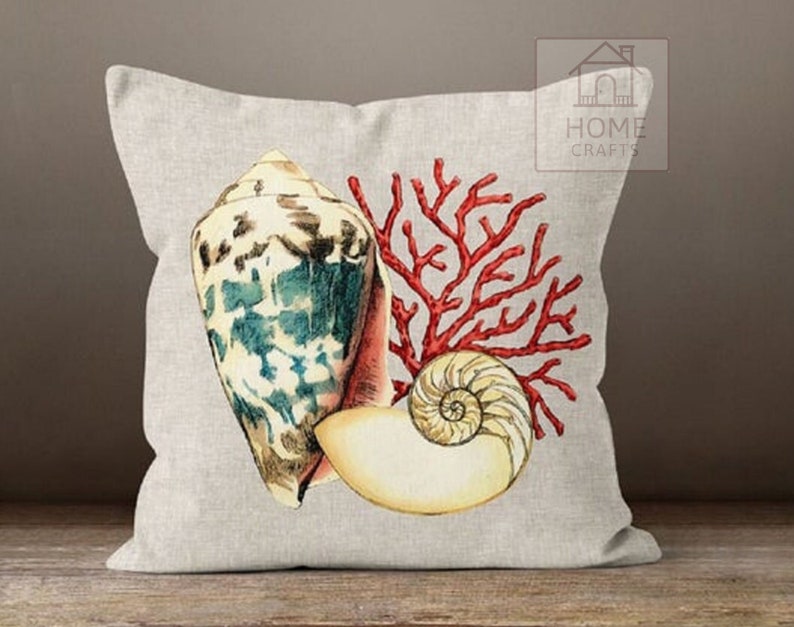 Oyster Throw Pillow Case, Coral Pillow Cover, Starfish Outdoor Cushion, Beach House Pillow Sham, Sea Shell Cushion Cover 18x18, 20x20, 24x24 Pattern #2