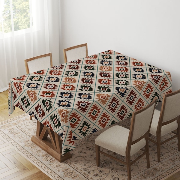 Aztec Ethnic Pattern Table Linen, Ethnic Style Table Sheet, Rug Patterned Table Cover, Traditional Design Table Topper, Ethnic Home Decor