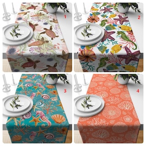 Ocean Life Table Runner, Sea Turtle Table Cover, Nautical Table Topper, Seahorse Table Decor, Starfish Pattern Tablecloth, Nautical Runner