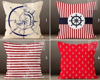 Ship Wheel Design Pillow Cover, Striped Pillowcase, Nautical Decorative Pillow Sham, Anchor Pillow Top, Red Pillow Protector, Marine Pillow