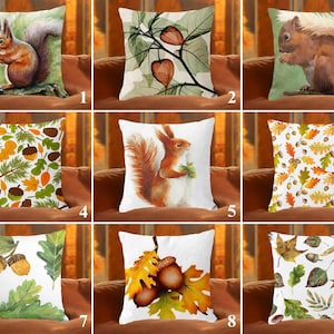 Oak Leaves & Acorn Throw Pillow Covers, Squirrel Decorative Pillow Case, Green and Orange Sofa Cushion Cover, Fall Pillow Top, Squirrel Gift