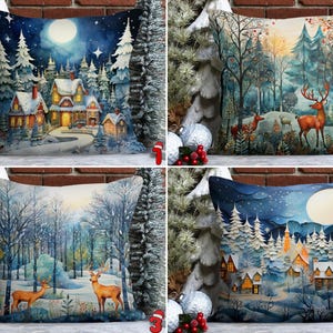 Winter Forest Pillowcases, Snowy Landscape Throw Pillow Sham, Deer Pillow Cover, Reindeer Pillow Slip, Christmas Pine Tree Cushion Cover