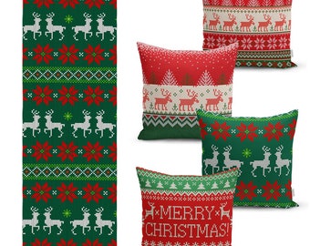 Vintage Xtnas Pillow Case Runner Set, Red Green Xmas Pillow Cover, Reindeer Cushion Case, Noel Throw Cushion Set, New Year Pillow, Home Gift