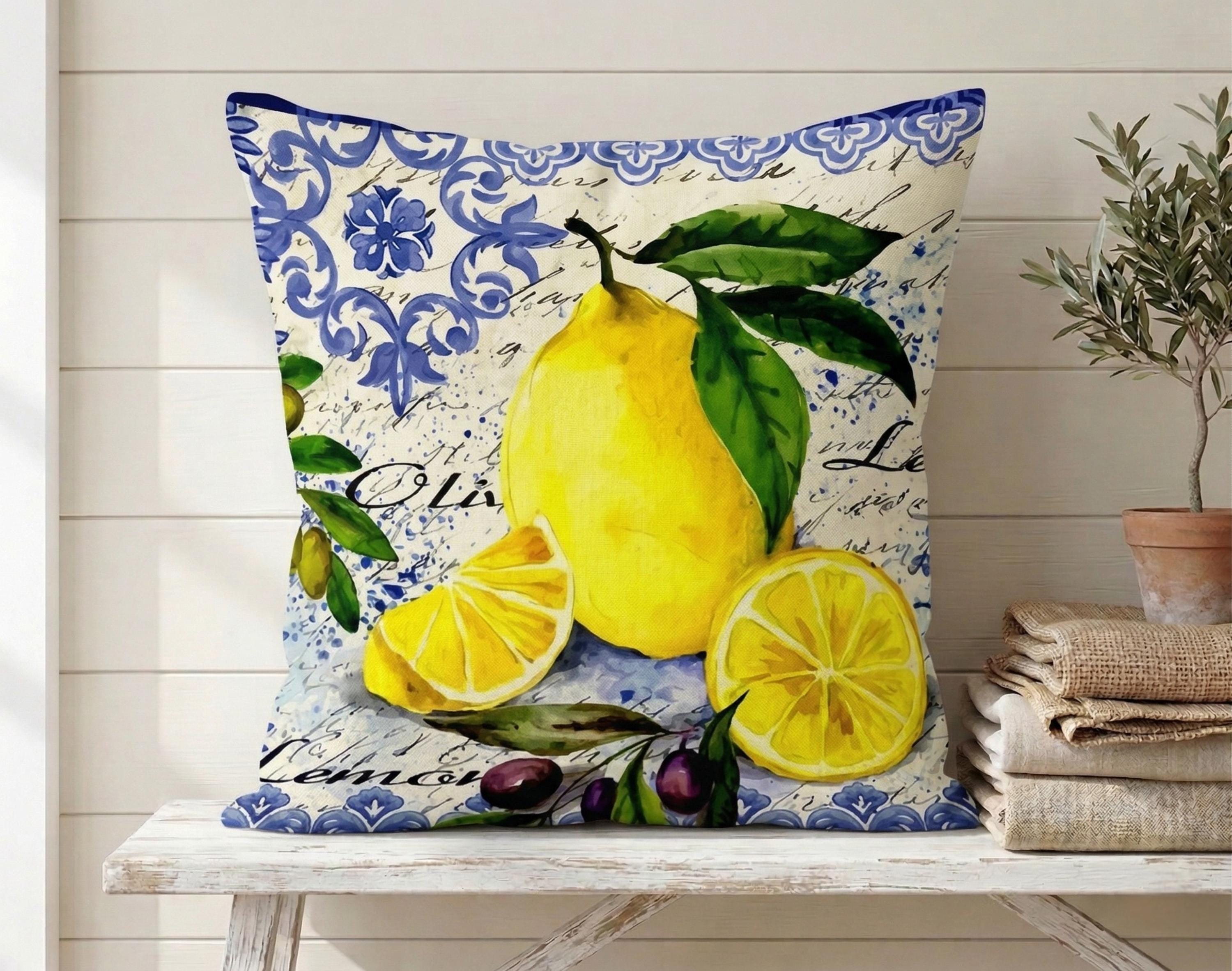 4 Federe Per Cuscino 45x45 Cm Con Limoni Italiani Su Piastrelle Blu - Iuta Artificiale, Per Divano, Esterno E Feste A Tema - 2