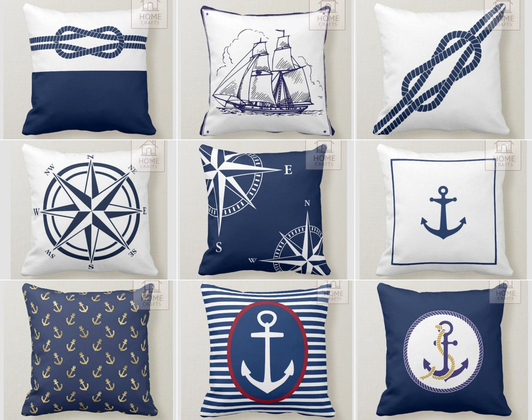 Navy Blue Throw Cushion, Beach Cushion Cover, Anchor Cushion Case