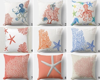Nautical Pillow Covers, Octopus Throw Pillow, Blue Navy Cushion, Seaweed Printed Pillow Case, Orange Outdoor Pillow, Coastal Pillow