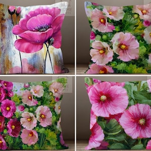 Hollyhock Flower Accent Pillow Cover, Hollyhock Floral Pattern Cushion Cover, Pink Flower Design Throw Pillow Sham, Flower Theme Pillow Case