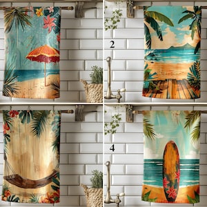Tropical Beach Kitchen Towels, Retro Summer Coastal Tea Towel with Palm Trees, Surfboard & Hammock Kitchen Linen, Vacation Vibes for Kitchen