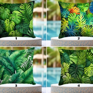WATERPROOF Green Leaves Pillow Protectors, Water Resistant Nature Theme Outdoor Couch Pillowcases, Patio Premium Tropical Leaf Pillow Shams