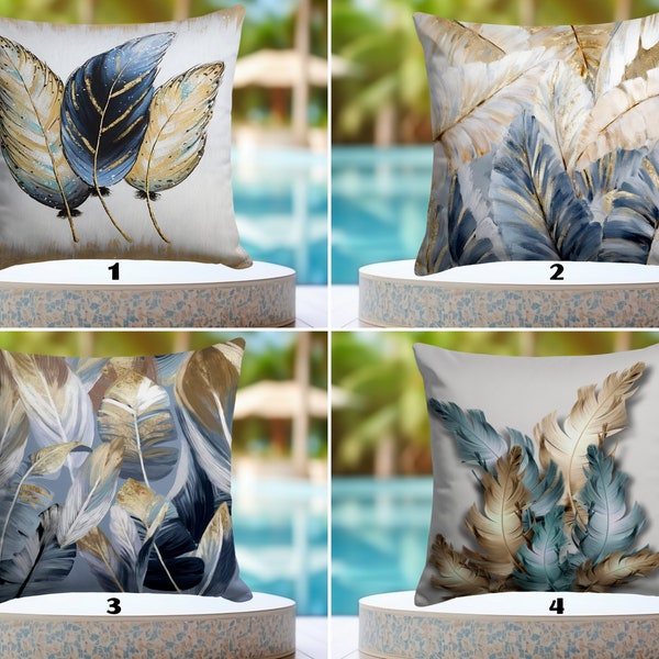 WATERPROOF Tropical Leaves Pillow Protectors, Comfy Water Resistant Bird Feather Outdoor Couch Pillowcase, Porch Abstract Art Pillow Slip