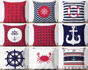 Nautical Cushion Cover, Red Anchor Pillowcase, Red White and Blue Outdoor Cushions, Garden Navy Pillow, Beach Garden Pillow |Yatch Decor