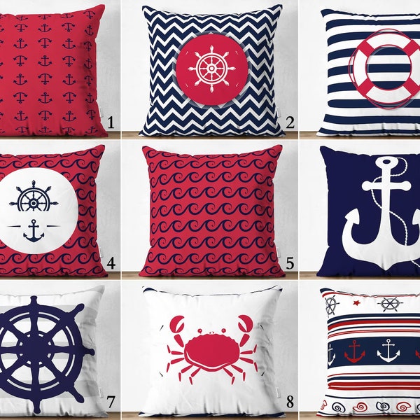 Nautical Cushion Cover, Red Anchor Pillowcase, Red White and Blue Outdoor Cushions, Garden Navy Pillow, Beach Garden Pillow |Yatch Decor