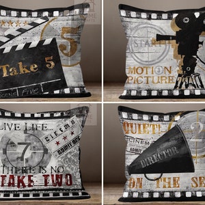 Retro Cinema Pillow Case, Movie Theater Throw Pillow, Theatre Pillow Cover, Popcorn Cushion Cover, Decorative Pillow, Movie Night Decoration