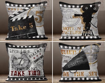 Retro Cinema Pillow Case, Movie Theater Throw Pillow, Theatre Pillow Cover, Popcorn Cushion Cover, Decorative Pillow, Movie Night Decoration