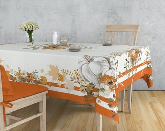 Pumpkin Style Rectangular Table Cover, Winter Squash Print Tablecloth, Cucurbita Moschata Design Table Linen, Fall Leaves Square Table Sheet