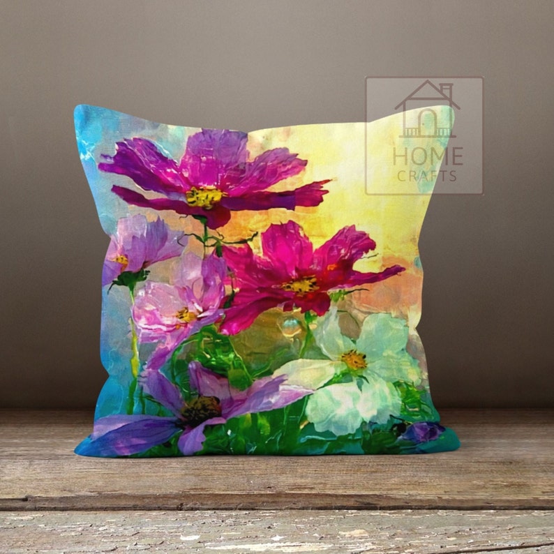 Colorful Flower Throw Pillow Cases, Watercolor Flower Pillow Sham, Oil Painting Pillow Cover, Wildflowers Pillow, Abstract Paint Pillow zdjęcie 7