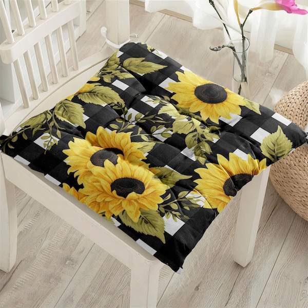 Sunflower Puffy Chair Pads, Modern Fluffy Seat Cushion, Outdoor Seat Pad, Premium Quality Square Cushion, Kitchen Cushion, Farmhouse Gift