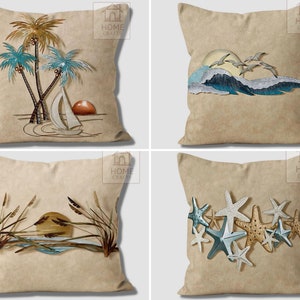 Starfish Pattern Pillow Cases, Palm Tree Pillow Cover, Beige Throw Pillow, Beach House Pillow, Sea Theme Cushion Case 18x18, 20x20, 24x24