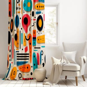 Abstract Pop Art Pattern Curtain, Retro Doodle Pattern Drapes, Multicolor Cartoon Design Valance, Premium Vector Colorful Line Curtain Panel