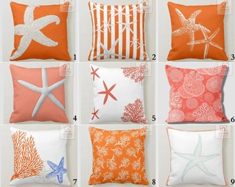 Nautical Pillow Covers, Starfish Throw Pillow Sham, Orange Navy Cushion, Seaweed Printed Pillow Cases, Coral Outdoor Pillow, Coastal Pillows