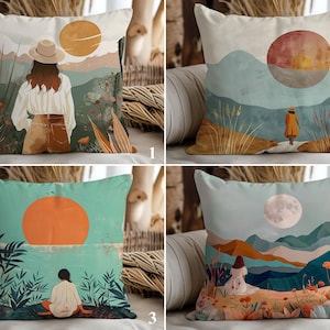 Abstract Nature Pillowcases, Boho Sunset Throw Pillow Cover, Mountains Pillow Sham, Landscape Cushion Cover, Minimalist Art Pillow Slipcover