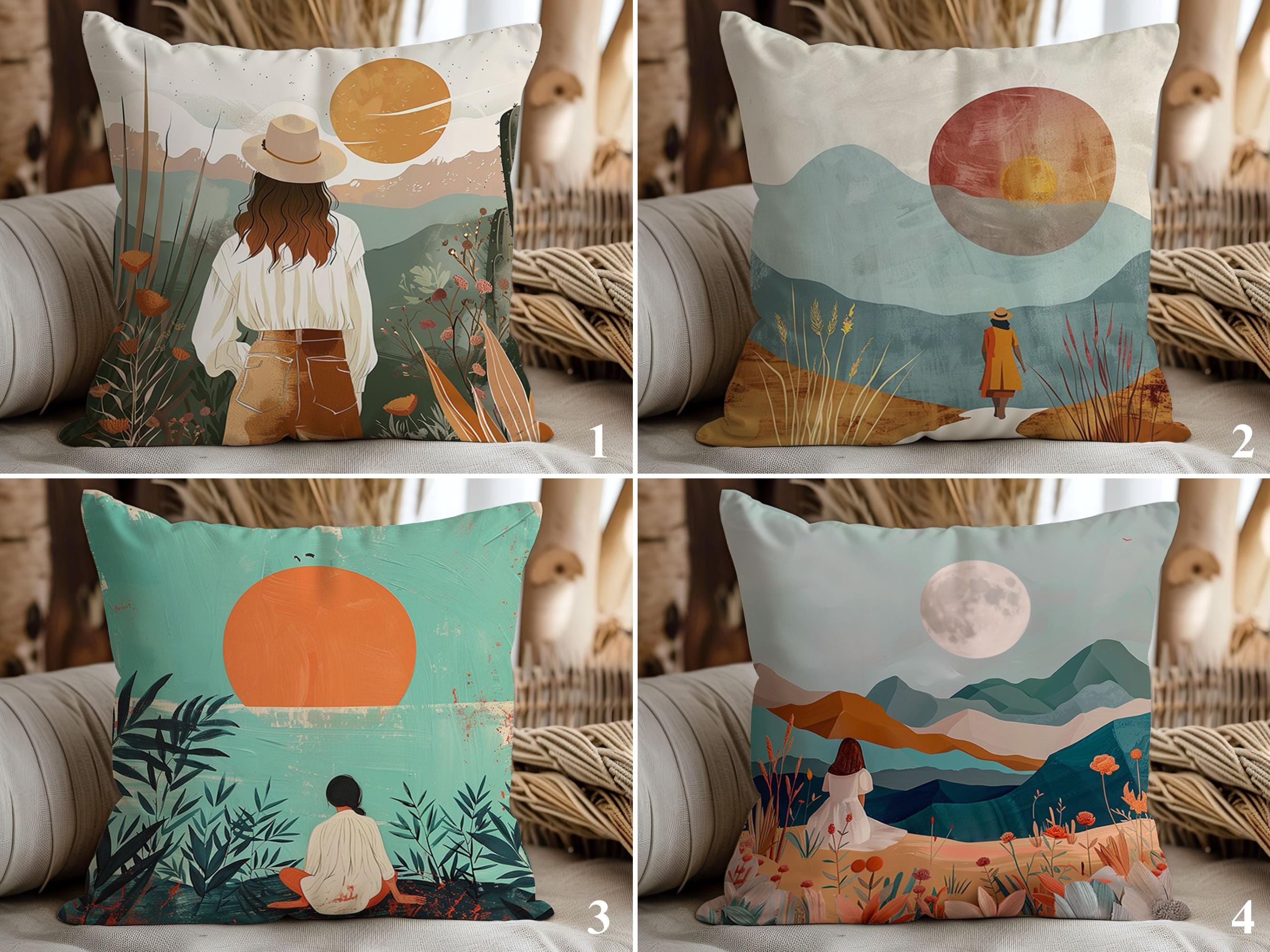 Abstract Nature Pillowcases, Boho Sunset Throw Pillow Cover, Mountains Pillow Sham, Landscape Cushion Cover, Minimalist Art Pillow Slipcover